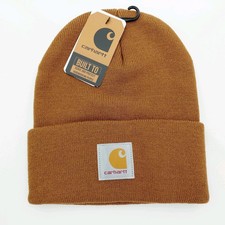 Carhartt Men Hat One Size Brown Knit Cuffed Beanie A18 Logo Patch Acrylic Adult
