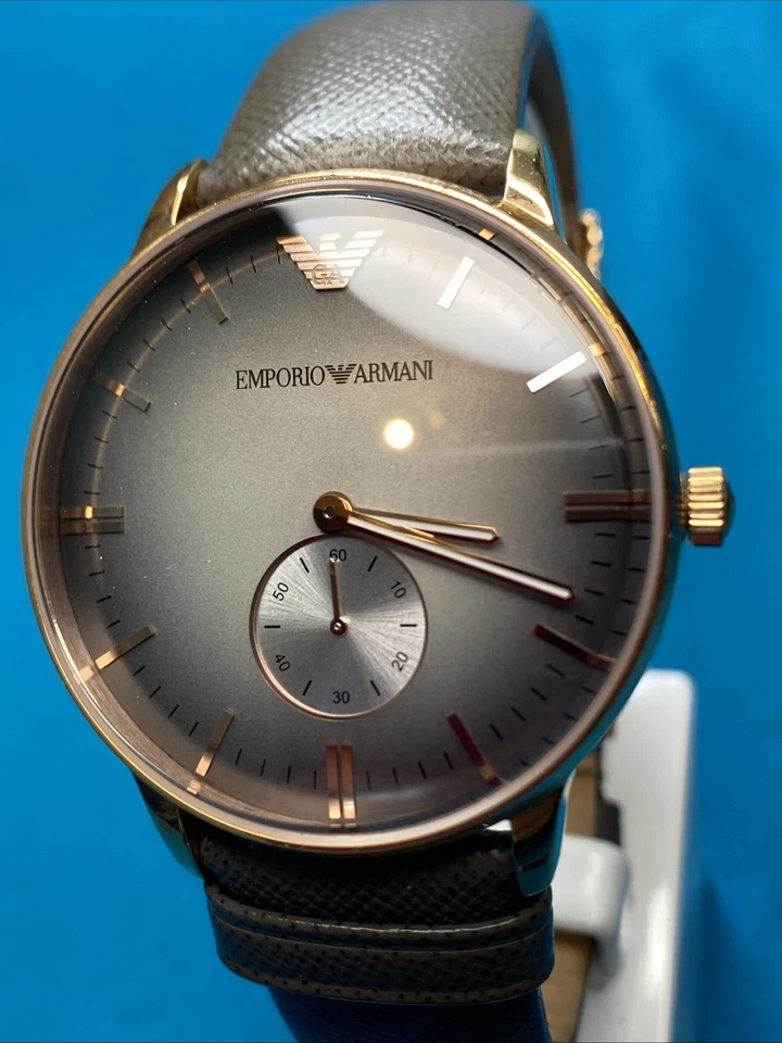 EMPORIO ARMANI ROSE GOLD TONE,GRAY EMBOSSED LEATHER BAND Mens WATCH New Battery - Image 2 of 4