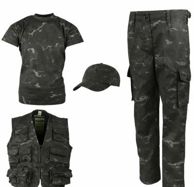 Kinder Outdoor Explorer Set Kostüm Outfit Armee Soldat Jagd BTP SCHWARZ Camouflage