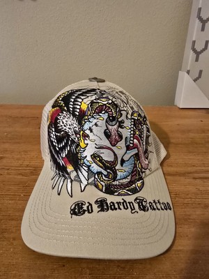 Ed Hardy ''Eagle, Skull, Snake'' Embroidered Trucker Snap-back Hat Cream.