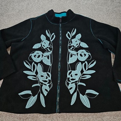 Susan Graver Style Black Fleece Jacket Floral Embroidery Teal Trim Zip Women 2X