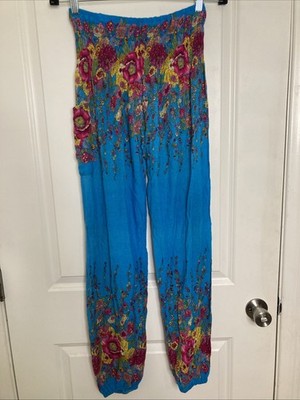 Harem Pants Boho Hippie Beach Resort Yoga Lounge Blue Floral Sz S