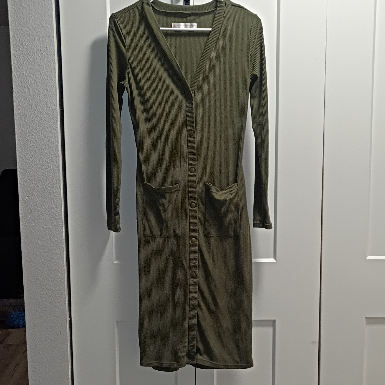 No Boundaries Green Ribbed Knit Button Front V-Neck Shirt Dress Pockets S