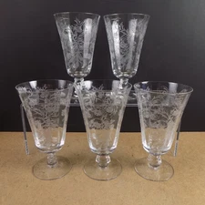 5 Fostoria Heather Etched Iced Tea Glasses Goblets 6-1/8" Tall 12 oz. VGC