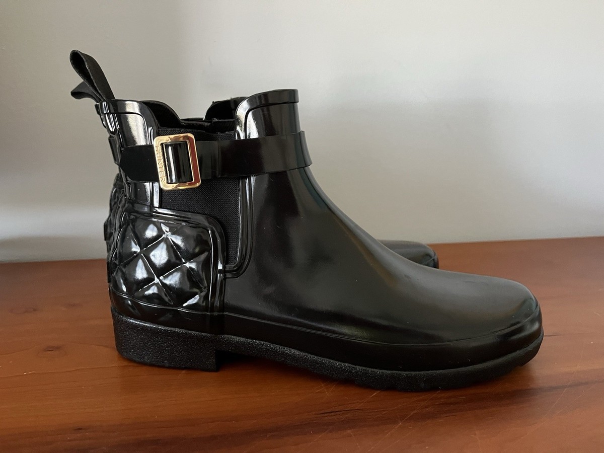 Women Hunter Refined Quilted Gloss Chelsea Rain Boots BLACK EU