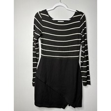 Bailey 44 Striped Faux Wrap Mini Dress Black White Long Sleeve Scoop Neck Size M