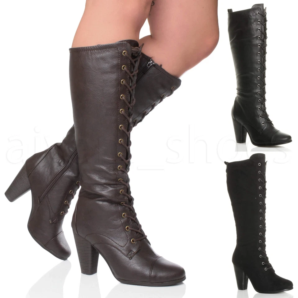 AJVANI Damen hoch klobig Blockabsatz schnüren Wade Knie Militär Bikerstiefel Größe