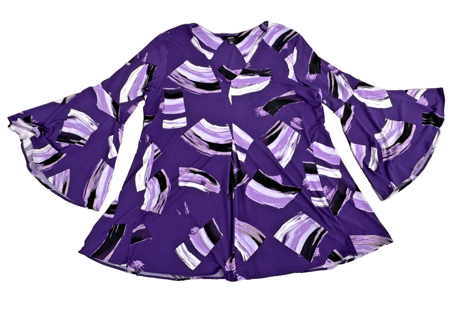 Alfani Women's L Purple Avant Garde Abstract Print Flare Sleeve Boho Blouse