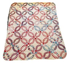 Vintage Handmade Hand Quilted Feed Sack Double Wedding Ring Quilt 74 x 59 READ