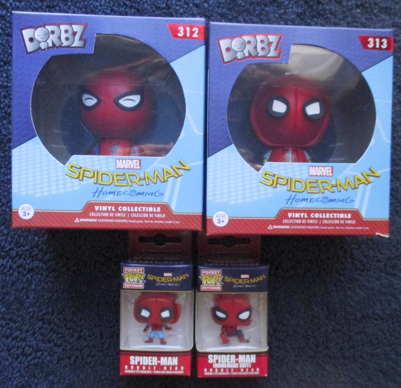 2 SPIDER-MAN DORBZ #312, 313 + 2 SPIDER-MAN POP POCKET KEYCHAINS Bobble-head