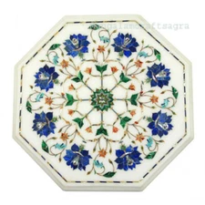 12" Marble Side Table Top semi precious stones Floral Lapis inlay Work Handmade 