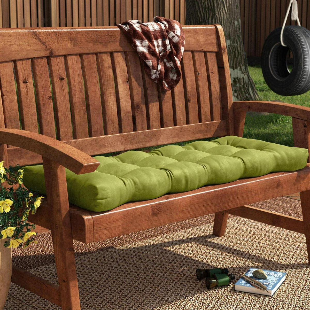 Green Outdoor Bench Cushion w Ties Water Stain Resistant 44 W x