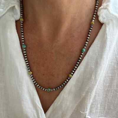Blue & Yellow Kingman Turquoise & Sterling Silver Navajo Pearl Beaded Necklace