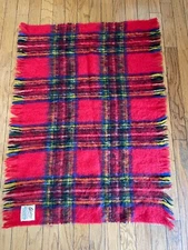 Vtg Glentana Mohair Wool Pile Small Lap Blanket Plaid Red 31" x 45 Scotland