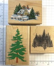 Stampendous   Snowy Retreat  Pine Trees  wood mount rubber stamps