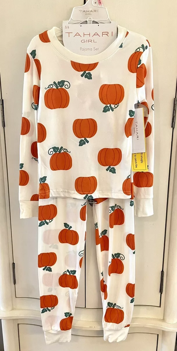 Tahari Girl Sz 5 6 Pajama PJ Set Fall Autumn Pumpkins Thanksgiving