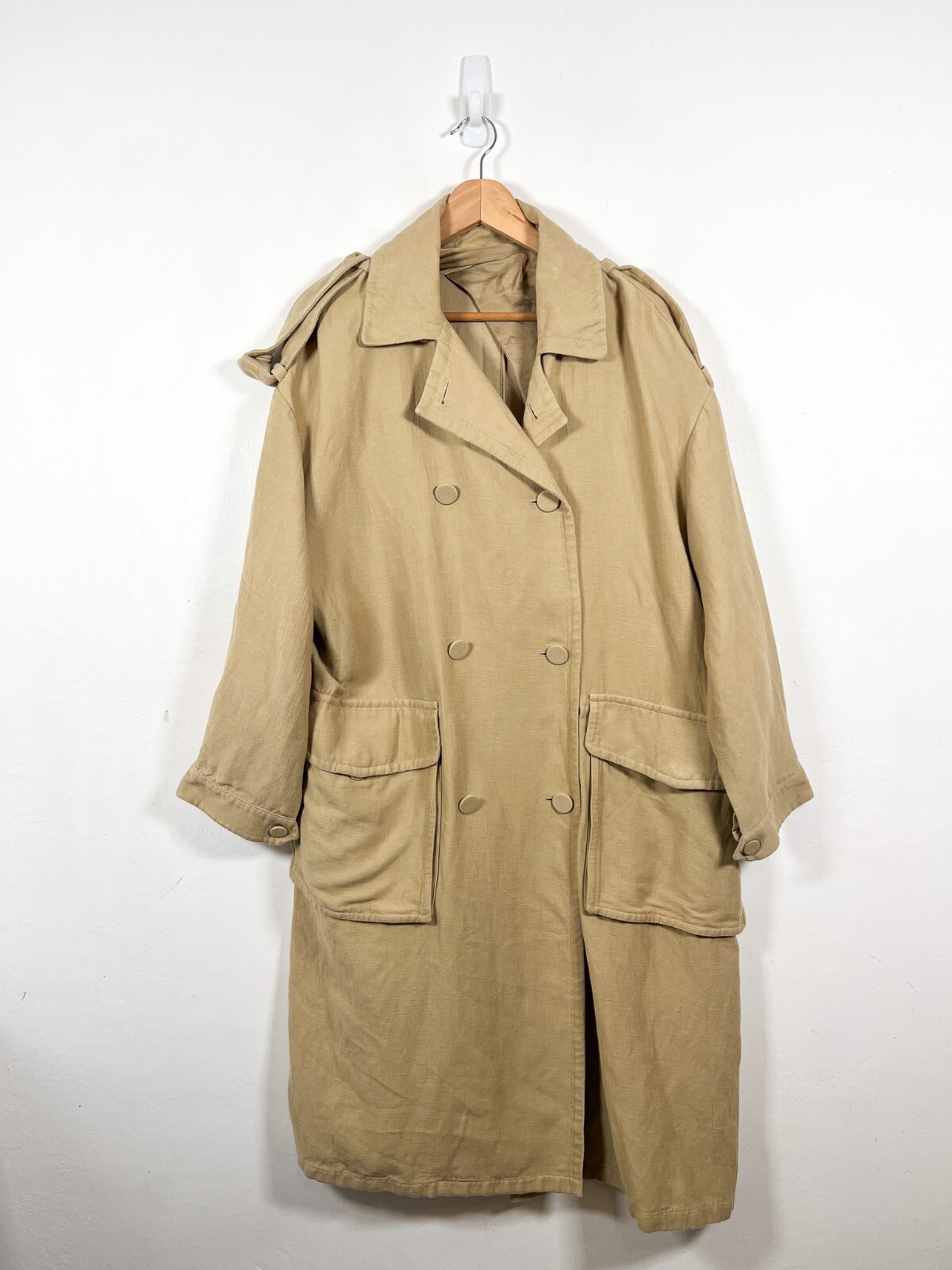 ALTRA & Other Stories Trench Cappotto Donna 42 UK 14 Beige Misto Lino Giacca Lunga Oversize