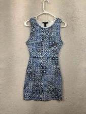 Forever 21 Women Dress Medium Blue Printed Poly Blend Sleeveless Mini Tank Fit