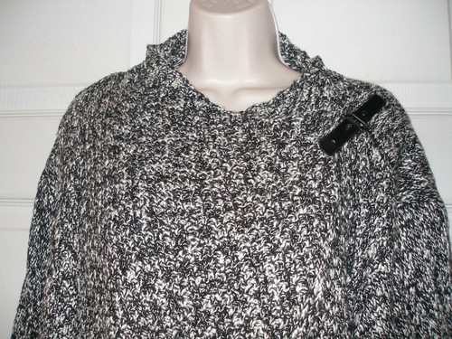 Suéter poncho para mujer Ellen Tracy XL negro blanco correa de cuero tweed con flecos - Imagen 6 de 18