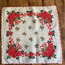 Ladies Christmas Handkerchief, with Poinsettia 13" Square NWOT
