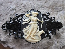 GODDESS DIANA WITH BOW AND DOG CAMEO BLACK FILIGREE BARRETTE - THE HUNTRESS