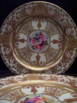 2 ROYAL WORCESTER OVINGTON GOLD ENCRUSTED HAND PAINTED SIGN PHILLIPS PLATES 10+''