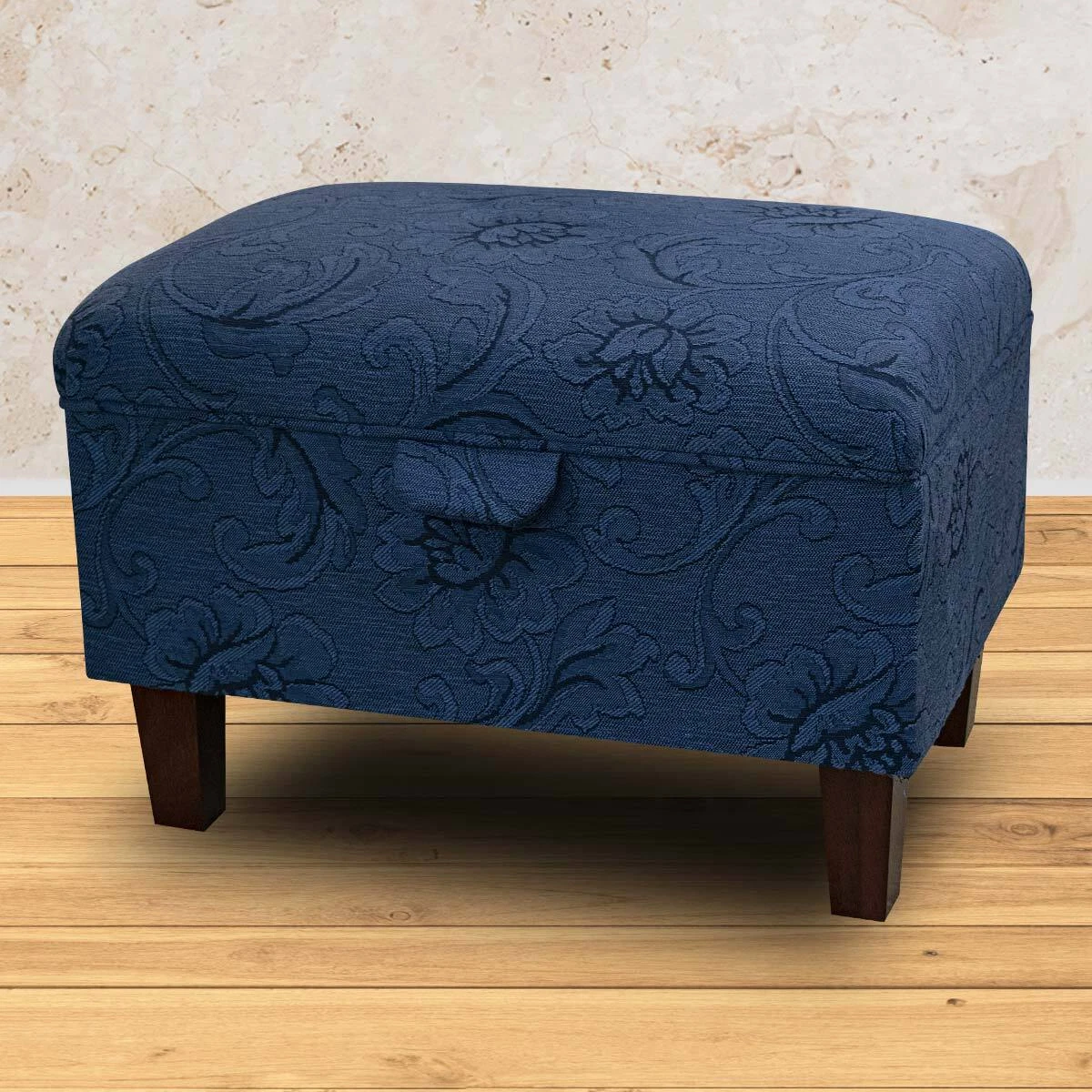 Navy Floral Storage Ottoman Footstool Pouffe Handmade Upholstered