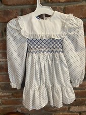Vintage Polly Flinders Dress White w/ Blue Polka Dot Smocked Front Girls Size 5