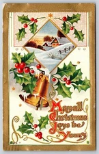 Christmas Joys~Winter Home Inset~Icy Gold Bell~Holly~Gold Border~Emboss~1910 PC