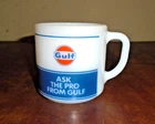 Vintage ASK THE PRO FROM GULF Oil Gas Fuel Milk Glass Coffee Mug Federal