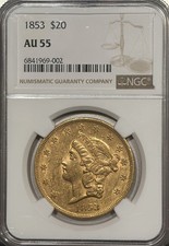 1853 $20 GOLD LIBERTY DOUBLE EAGLE NGC AU55