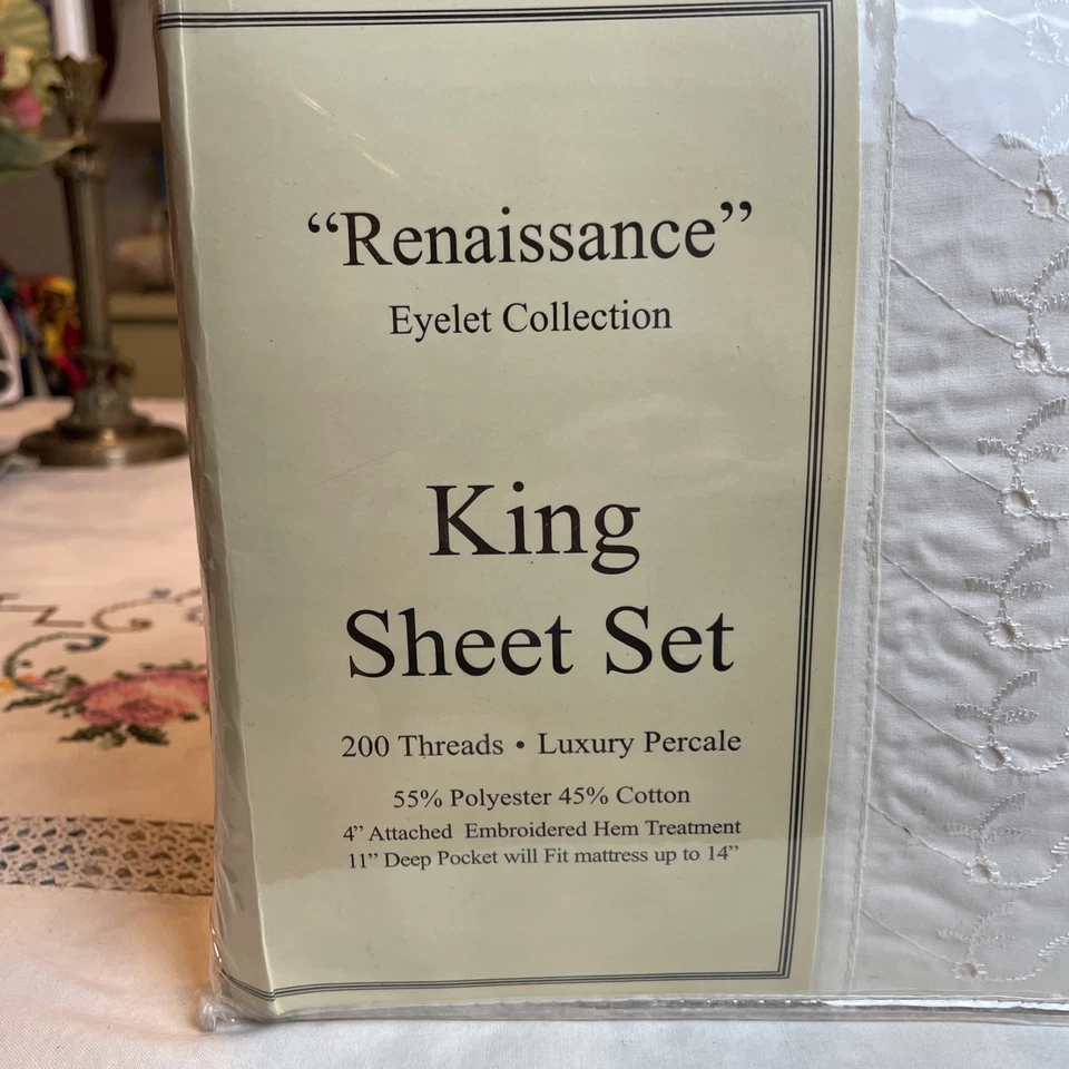 Renaissance Eyelet Collection King Sheet Set Ivory 200 Thread Count Cotton Poly - Image 2 of 4