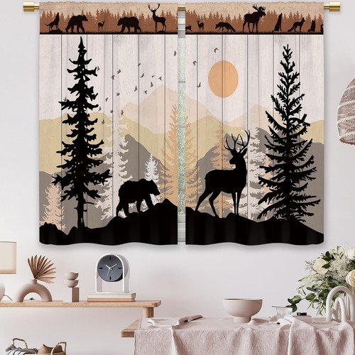 Farmhouse Forest Cabin Kitchen Curtains Rustic Wooden Small Short Cafe Window... - Picture 8 of 9