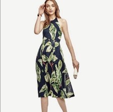 Ann Taylor Petite 0P Halter Midi Dress Navy Green Leaf Print Tropical Summer