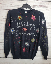 Glitzy Grandma 80's Handmade Painted Sweatshirt Black Studded Women's Sz XL