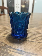 LE Smith Pressed Glass Art Glass Colbolt Blue Toothpick Holder 3.5" VTG 