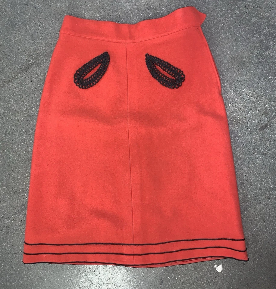 Handmade Vintage Felt Wool Red & Black Pencil Skirt With Trim Size Womens Small