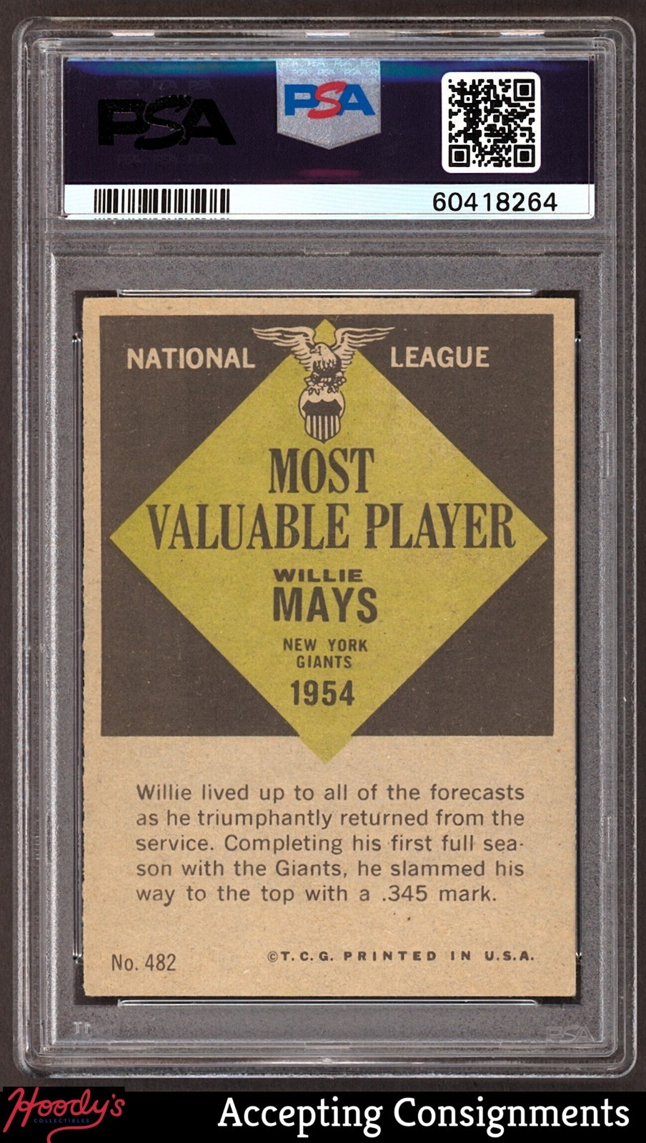 1961 Topps #482 Willie Mays MVP HOF PSA 5 EX EXCELLENT view 2