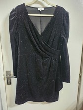 Warehouse Sequin Velvet Party Dress Size 16 Black Mock Wrap Knee-length