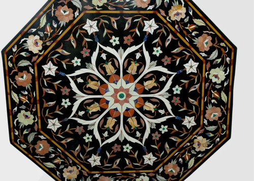 48" Marble Dining Table Top Semi precious stones Inlay Work Home / office Decor - Picture 4 of 13