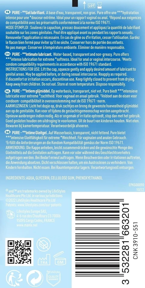 Manix Pure Gel Lubrifiant à Base d'Eau 200ml - Confort Intime - Photo 2/4