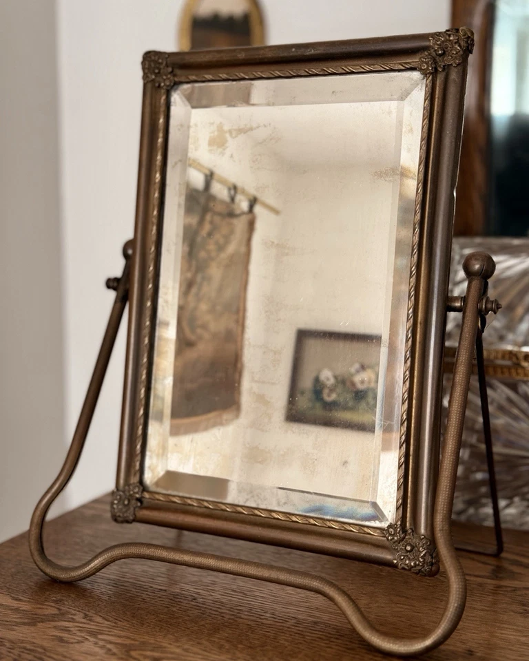 antiguo espejo tocador francés de latón con cristal biselado e inclinaciones Foto 4 de 4