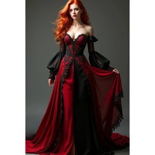 Vintage Black And Red Gothic Prom Dress Long Lace Appliques Corset Medieval Gown