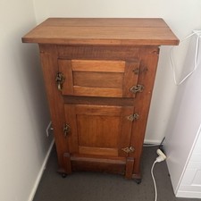 Vintage Wood Freestanding Cabinet, Brown Raised Panel Door, Aged Metal Latch