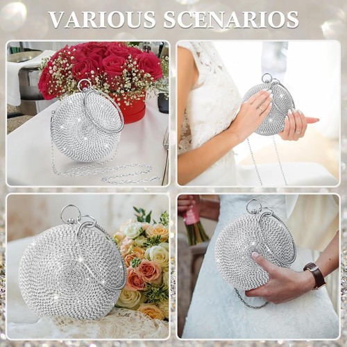 Disco Round Purse Silver Circle Ball Crystal Clutch Shape, - Picture 6 of 7