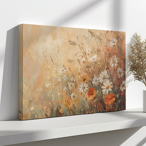 Marguerite fleurs automne champ de prairie peinture vintage impression sur toile art mural - Photo 2/8