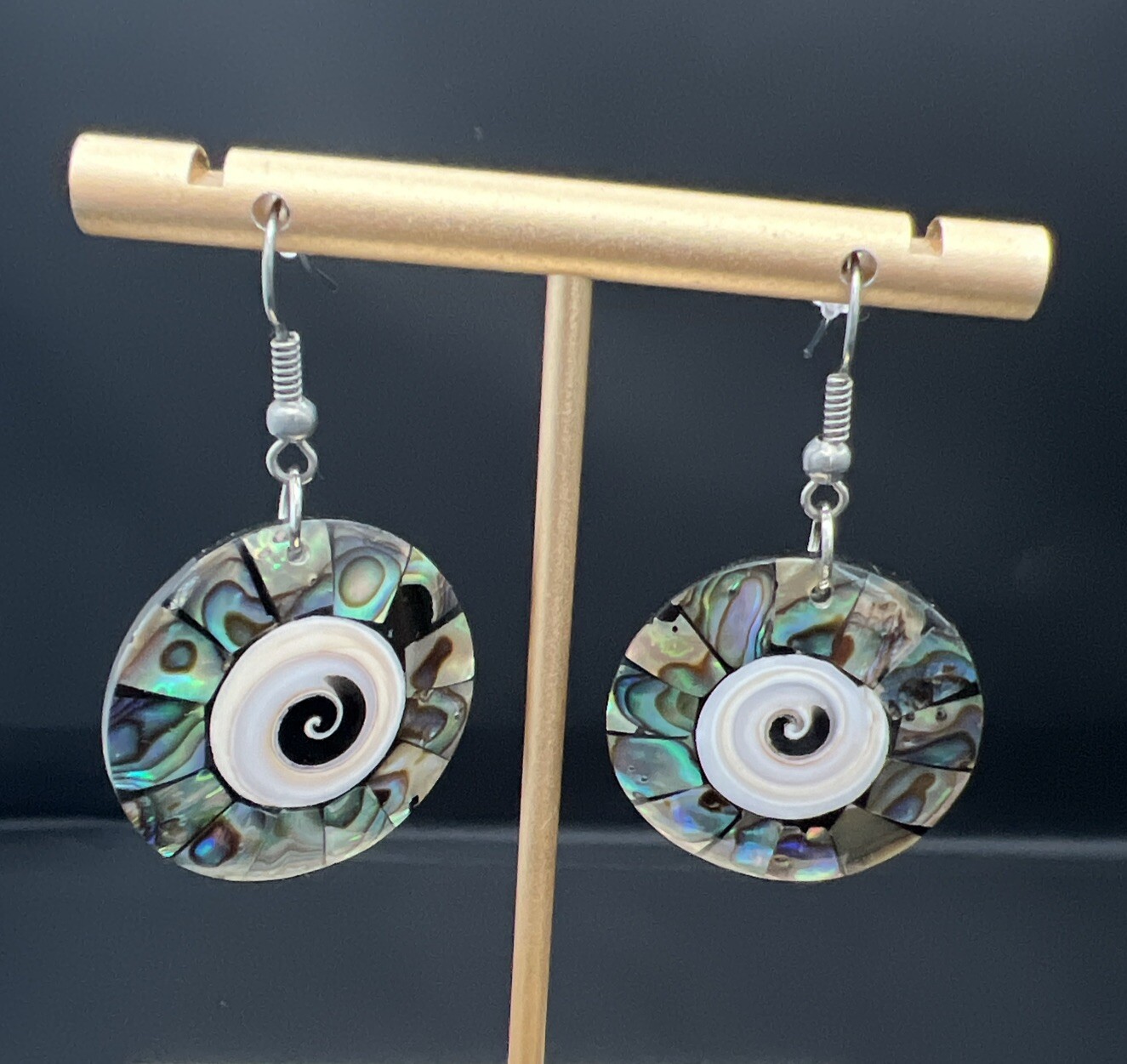 EARRINGS Dangling Round Abalone Shell Outer Circl… - image 1