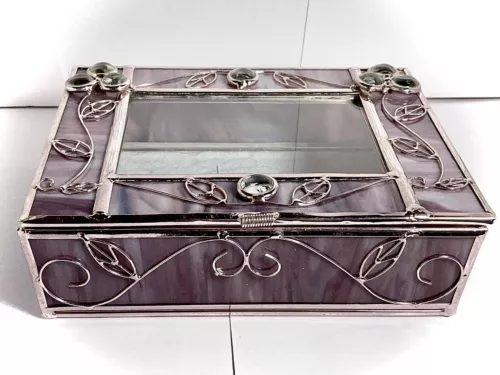 Pretty Purple Slag Glass Stained Glass Jewelry Box Trinket  Box Holds Picture