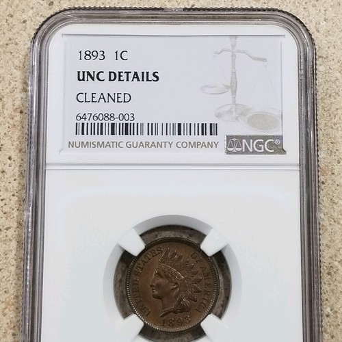 1893 1c Indian Head Penny Coin With UNC Details Cleaned NGC Slab - Picture 2 of 5