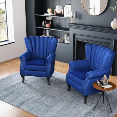 Blue Velvet Scalloped Armchair Wingback Tub Sofa Leisure Cuddle Chairs Wood  Legs UK